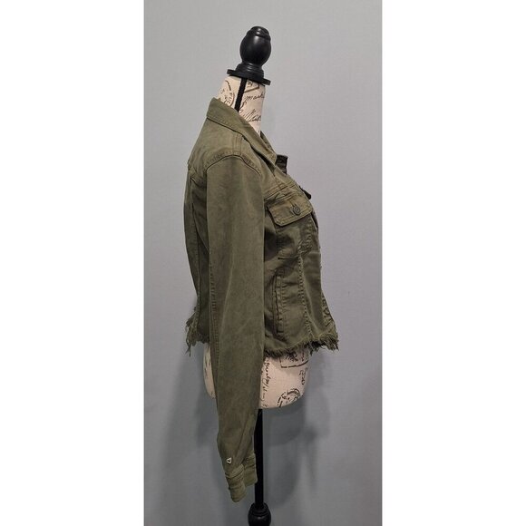 EUC Hidden Los Angeles Olive Green Distressed Cropped Denim Jacket With Raw Hem/ - Picture 5 of 9